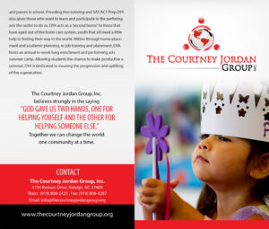 A brochure from the Courtney Jordan Group showcasing the mission, values, and programs of the organization during its early days, designed to provide an overview of their philanthropic efforts and community impact.